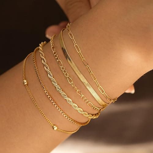 VIROMY Gold Armbänder für Frauen 14K Gold Plattiert Stapelbar Armbänder Trendy Fischgrätenmuster Box Twisted Rope Cuban Chain Geschichteten Schmuck für Frauen thumbnail 3