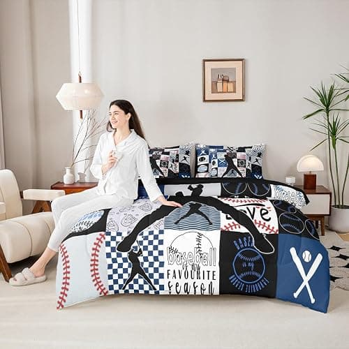 Sports Comforter Set 7-Piece Bed in a Bag Twin Bedding Sets for Boys,Geometric Grid Black Patchwork Baseball Bedding Sets Ball Player Games Comforter and Sheet Set,European Sport Softball Bed Set,Blue thumbnail 5