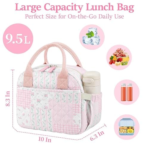 WOBAGMEN Quilted Lunch Box for Adult Women,Cute Floral Insulated Lunch Tote with Front Zipper Pocket, Aesthetic Coquette Style Reusable Lunch Box Bag for Work Gym Travel Picnic (pink hua pin, M) thumbnail 2