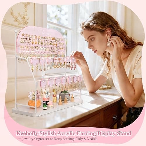 Keebofly Acrylic Earring Organizer Stand with 14 Hooks - Pink | Cute Earring Holder for Girls & Teens, Jewelry Display with 300 Holes & 14 Hooks, Vanity Desk Decor thumbnail 3
