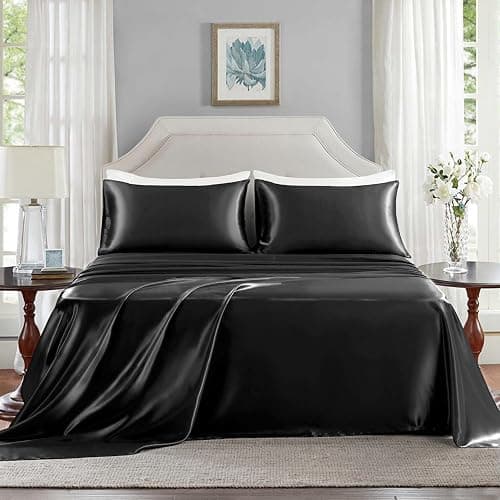 GOLAL Satin Sheets Queen Size - 4 Pieces Luxury Silky Soft Bed Sheets, Wrinkle-Free Black Satin Silk Sheet Set with 1 Deep Pocket Fitted Sheet, 1 Flat Sheet, 2 Pillow Cases thumbnail 2