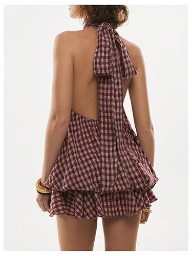 SOLY HUX Women's Plaid Halter Mini Dress Ruffle Bubble Hem Going Out Dress | Gingham Dress, Y2k Dresses, Backless Dress, Tie Back, Sleeveless, Mini Dress with Shorts thumbnail 2