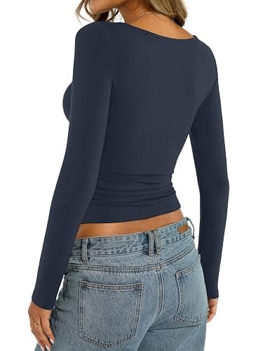 EasyGala Womens Cotton Boat Neck Long Sleeve Shirts Basic Going Out Stretchy Slim Fit Y2k Crop Tops thumbnail 6
