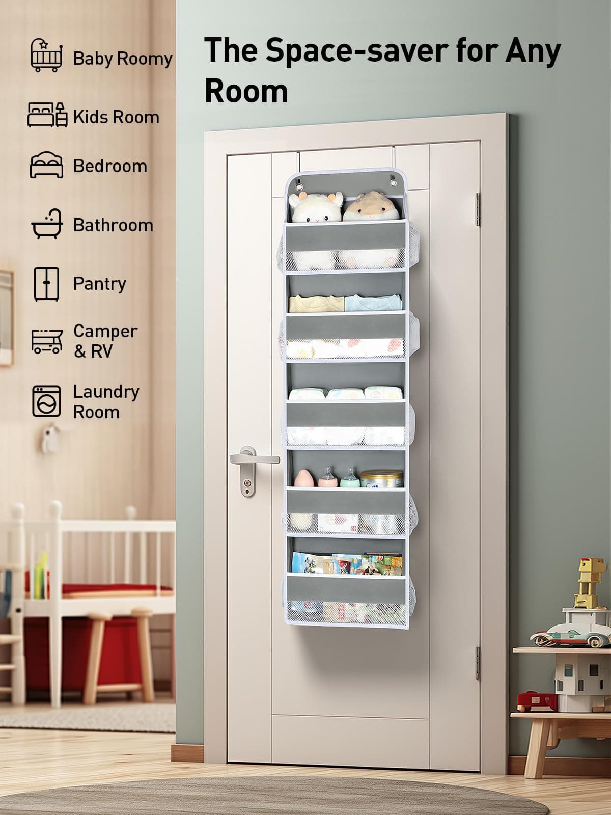 Yecaye 1 Pack Over The Door Organizer with 5 Bins 10 Side Pockets,44lbs Load Hanging Bathroom and Bedroom Organizer, Behind The Door Storage for Nursery Newborn Baby Essential Stuff, Grey thumbnail 8
