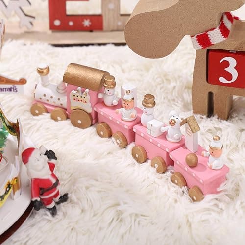NUOBESTY Winter Wonderland Wooden Mini Train Set for Christmas Party Decorations Under Tree Pink thumbnail 9