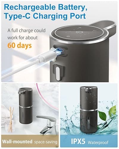 Gotofine Automatic Liquid Soap Dispenser,4-Level Adjustable, Wall Mount,USB Rechargeable,12.8oz/ 380ml,Touchless Hand & Dish Soap Dispenser for Bathroom, Kitchen,Hotel, Restaurant thumbnail 5