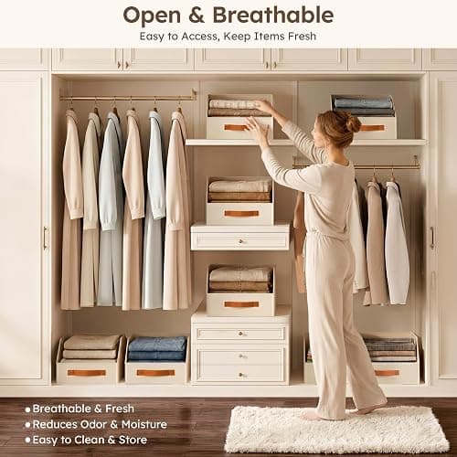 Homsorout Fabric Storage Bins for Organizing - 6 Pack Large Trapezoid Collapsible Storage Bins with Front Handle, Closet Organizers and Storage for Bedroom, Home Shelves, Small Spaces, Beige thumbnail 5