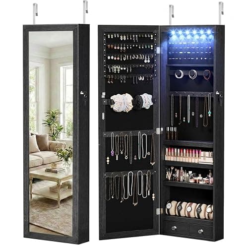 DUMOS 6 LEDs Mirror Jewelry Organizer Cabinet, Jewelry Armoire, 47.2 Inch | Hanging Door or Wall Mounted Mirror, Lockable, Large Capacity Cosmetic Storage, 2 Drawers, Gift Idea, Black - Image 1