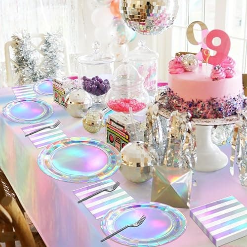 Iridescent Party Supplies for 20 Guests, Disposable Iridescent Tableware Set Includes Holographic Paper Plates, Napkins, Forks, Tablecloth for Birthday Mermaid Themed Party Decorations Wedding thumbnail 6