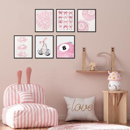 Cute Pink Girl Poster Set of 6, Light Pink Coquette Wall Art Trendy Lucky 8 Ball Wall Decor Paintings Pastel College Apartment Bedroom Living Room Dorm 8x10 inch Unframed thumbnail 4