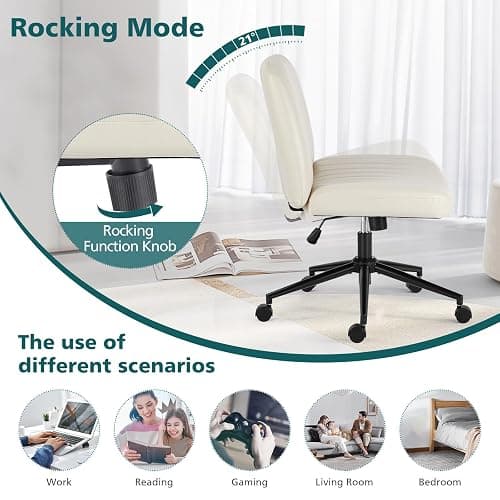 OLIXIS Criss Cross Chair with Wheels Wide Cross Legged Office Desk Vanity Chair Comfy Fabric Armless Adjustable Swivel for Home Computer Task PU Beige thumbnail 8