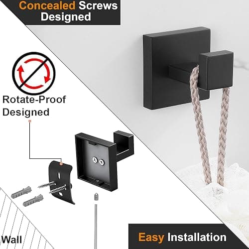 Nolimas Towel Hook Stainless Steel Bathroom Rustproof Clothes Towel Coat Hook Wall Mounted Square Toilet Kitchen, Heavy Duty Door Hanger Matte Black, 2 Pack thumbnail 6
