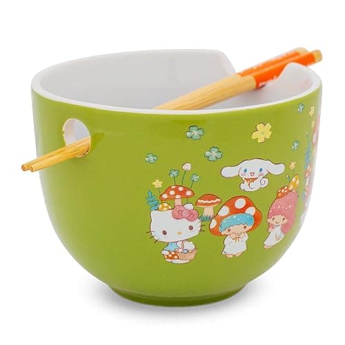 Silver Buffalo Sanrio Hello Kitty and Friends Mushroom Crew Ceramic Dinnerware Set | Includes 20-Ounce Ramen Noodle Bowl and Wooden Chopsticks | Asian Food Dish Set For Home & Kitchen thumbnail 3
