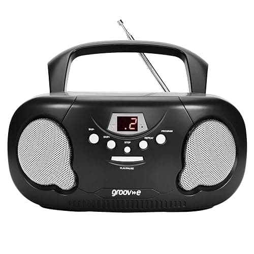 Groov-e Original Boombox - Portable CD Player with Bluetooth, Radio, 3.5mm Aux Port, & Headphone Socket - LED Display, 2 x 1.2W Speakers - Battery or Mains Powered - Black thumbnail 3