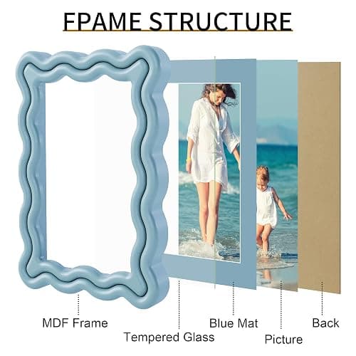 iRahmen 4x6 Wavy Picture Frame Set of 2 - Scalloped Frame Display Picture 3.5x5 with Mat or 4 x 6 Without Mat, Blue Photo Frame with Tempered Glass for Tabletop Display and Wall Mount thumbnail 4