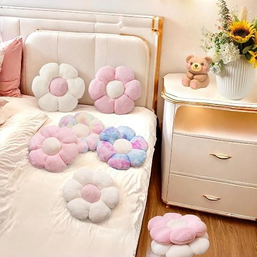 JZNEXD 2 Pcs Pink White Throw Pillows Cute Flower Pillow Daisy Flower Shaped Floor Cushions Set, Preppy Decorative Throw Pillows for Girls Bed Bedroom Couch Decor (White & Pink, 15 INCH) thumbnail 6