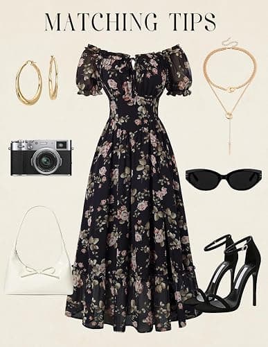 Scarlet Darkness Floral Corset Dress Women Summer Cottagecore Flowy Dress | Puff sleeve, off the shoulder or square neck, slit hem, side pockets; ideal for tea party, wedding, vacation, date thumbnail 7