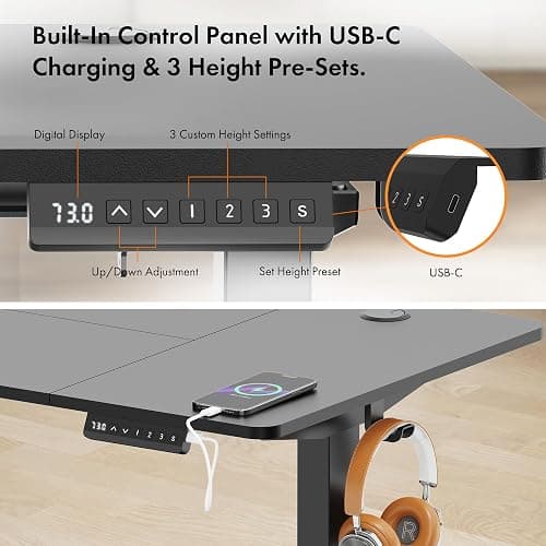 VonHaus Electric Standing Desk, USB-C Charging Height Adjustable Sit Stand Desk with Anti-Collision, Height Preset Technology & Cable Management, Black Four Piece Desktop & Steel Frame, 120x60cm thumbnail 5