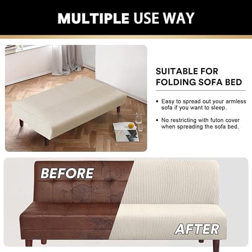PrinceDeco Stretch Armless Futon Cover Futon Slipcover Full Queen Size Couch Cover Futon Sofa Bed Cover Furniture Protector with Elastic Bottom, Machine Washable, Biscotti Beige thumbnail 5