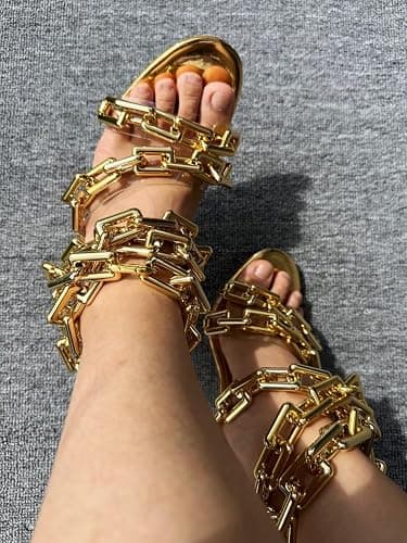 Frankie Hsu Luxury Women's Ankle Leg Lace Up Shinny Gold Link Chain Clear PVC Strappy Stilettos Round Toe High Heeled Mules Sandals thumbnail 4