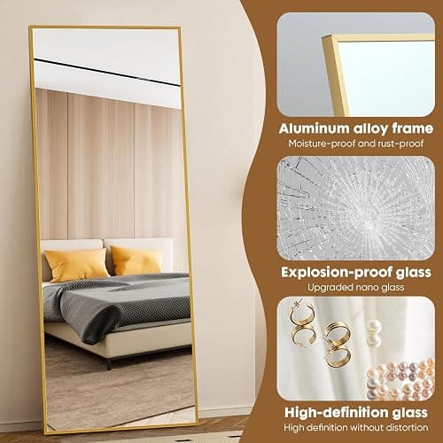 NEWBULIG Full Length Floor Mirror, Body Standing Wall Mirror | Hanging or Leaning, Shatter-Proof Glass, Aluminum Alloy Frame with Stand, Home Decor Bedroom, Gold thumbnail 4