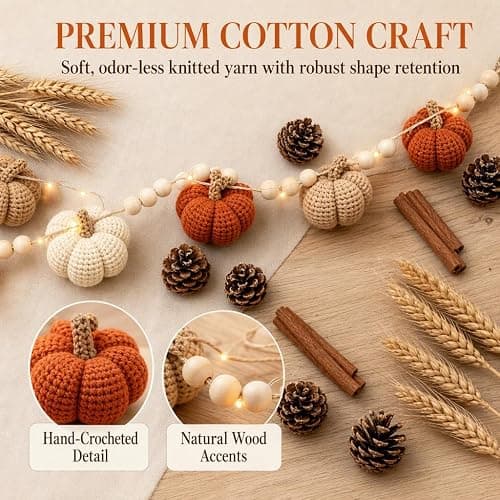 Fall Crochet Thanksgiving Pumpkin Garland, Hand‑Knitted Pumpkin Beaded Hanging String, Pre‑Assembled Autumn Mantel Garland for Halloween Thanksgiving Boho Home Wall Party Decor, 78.74 Inch thumbnail 4
