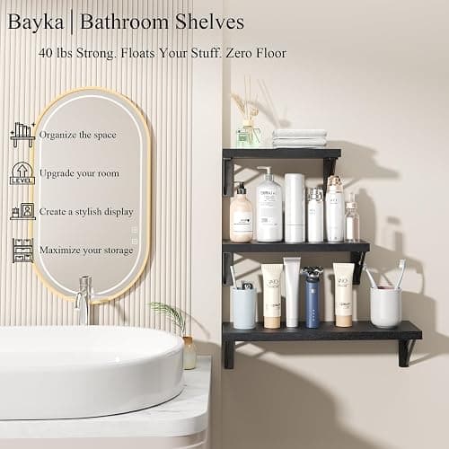 BAYKA Wall Mounted Floating Bathroom Shelves, Wood Floating Wall Shelf for Bathroom Essentials & Decor, Small Space-Saving Display & Organizer（Black，Set of 3） thumbnail 2