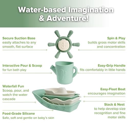 Haakaa Nautical Silicone Baby Bath Toys Set, Food Grade Silicone Bathtub Toys for Toddlers, Mold-Free Stacking Boats & Spinner Toy & Pouring Cup, BPA Free Floating Tub Toys for Baby 6M+ thumbnail 5