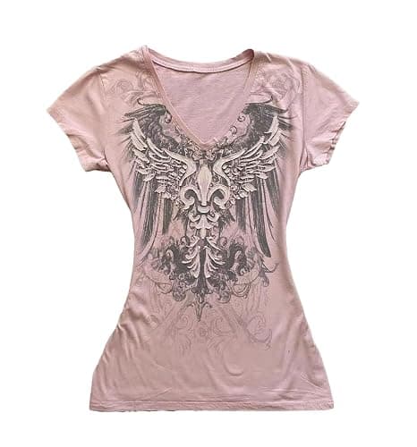 Womens Y2K Gothic Graphic V-Neck Slim Fit T-Shirt Grunge Vintage Short Sleeve Trendy Crop Tops - Image 1
