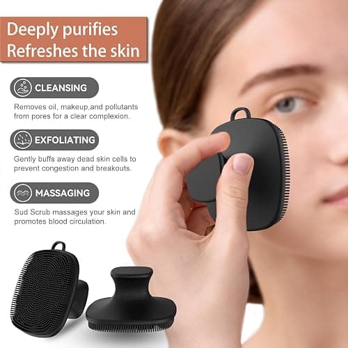 3 PCS Silicone Bath Brush Set,Back Scrubber & Body Brush & Face Brush Set, Super-Exfoliating & Lathering Body Scrubber, Shower Brush, Face Scrubber Combination for HomeBathroom Hotel Travel.(Black) thumbnail 7