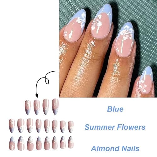 SWEKKE Short Almond Press-On Nails - Blue French Tip With White Flower Design - Glossy Stick-On Acrylic Nails for Women and Girls - 24 Pieces thumbnail 3