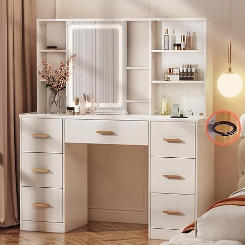 knoworld 47'' Large Vanity Desk with Mirror and Lights, 7 Drawers, 8 Storage Shelves Vanity Table, Big Makeup Vanity Desk with 3 LED Lighting Modes, Vanity Dresser with Outlet, Sliding Mirror (White) - Image 1