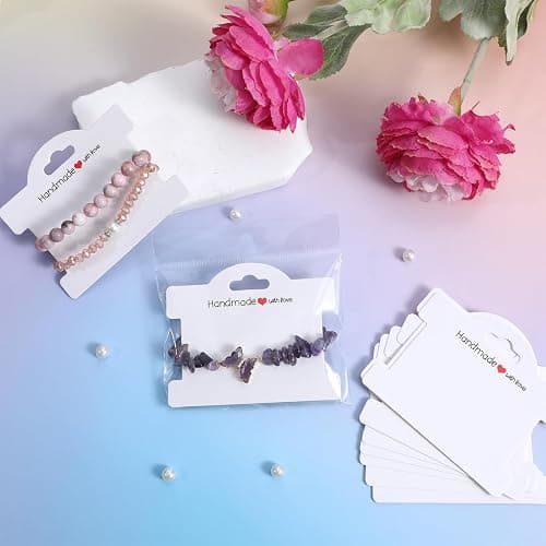 Piriuuo 50 Pcs Bracelet Display Cards with Clear Bags, Bracelet Packaging for Small Business Jewelry Display Card Handmade with Love Jewelry Tags for Selling Hair Ties, Bracelets, Necklace (White) thumbnail 4