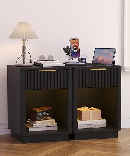 Akxomel Fluted Nightstands Set of 2, Wooden Night Stand with Charging Station and LED Light, Modern Mid Century End Table with Drawer, 15" D x 15.7" W x 22.6" H, for Bedroom, Black thumbnail 2