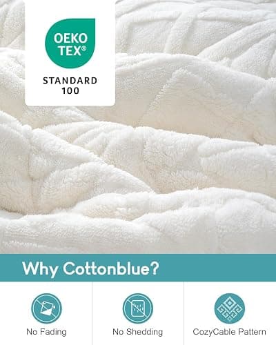 Cottonblue Jacquard Weighted Blanket 15lbs for Adults Queen Size, Ultra Soft Cozy Comfort Sherpa Blanket for Relax and Sleep, Heavy Bed Blankets with Cemaric Beads, 60x80 Inches, Cream White thumbnail 4