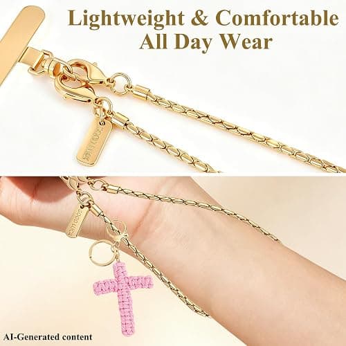 Phone Wrist Strap Gold Metal Chain Wristlet Charms Lanyard for Women | Lightweight anti-drop wrist lanyard, cute charms & keychain, for daily, party, travel, music festival, universal fit with tab thumbnail 5