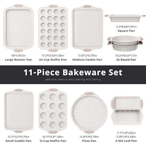 10-Piece Baking Pans Set Nonstick, Stackable Bakeware, Toxin-Free Baking Pans Set with Silicone Handles, Includes Cookie Sheets, Cake Pan, Loaf Pan, Pizza Pan, Muffin Pan, White&Khaki thumbnail 3