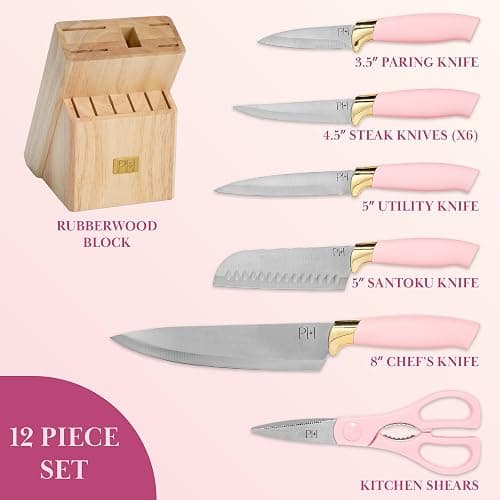Paris Hilton 12-Piece Knife Set with Block, High-Carbon Stainless Steel Cutlery, Precision Blades and Ergonomic Handles, Pink thumbnail 4