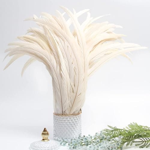 THARAHT 50PCS Rooster Coque Tail Feathers Bulk Natural 12-14Inch 30-35cm for Crafting Wedding Fly Tying Feather Party Performances DIY Decoration Rooster Tail Feather,White thumbnail 5