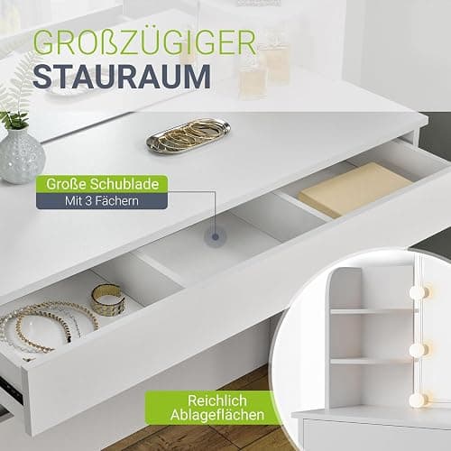 Juskys Schminktisch mit Beleuchtung und Spiegel, Vanity Table, Schublade & 4 Ablagefächern - Holz - Weiß - Kosmetiktisch Frisiertisch thumbnail 4