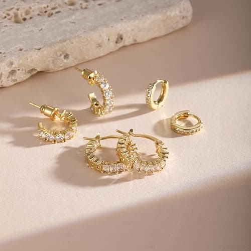 CAROVO 3 Pairs Gold/Silver Hoop Earrings for Women Trendy Dainty 14K Gold Plated Cubic Zirconia Stud Earrings Huggie Hoop Earrings Stack for Multiple Piercing Jewelry thumbnail 6