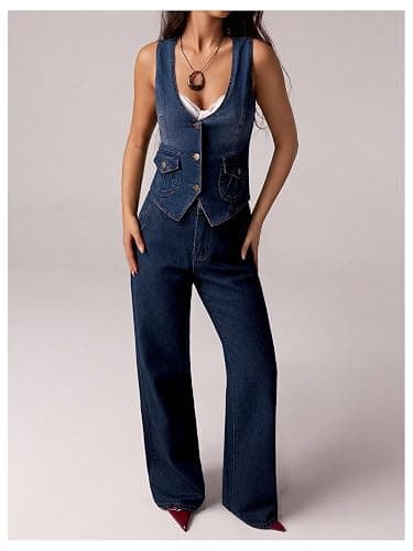 SHENHE Women's Western Denim Vest V Neck Button Down Y2k Jean Jacket Waistcoat with Pockets thumbnail 3