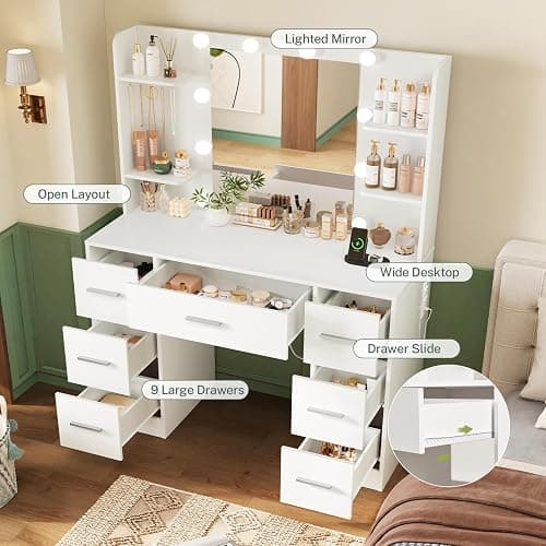 TEENFON Large Makeup Vanity, Vanity Desk with Mirror and Lights, Power Strip, Makeup Vanity Table with 7 Drawers, 4 Shelves and 5 Jewel Hooks, Bedroom, White thumbnail 3