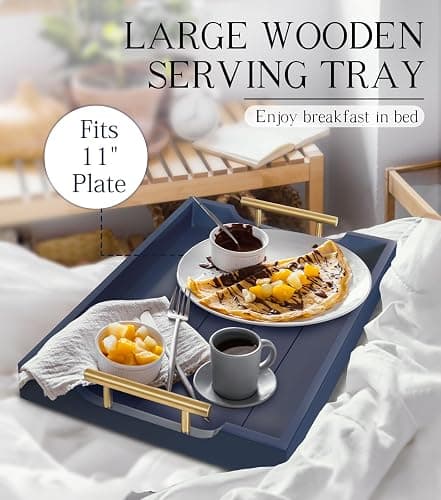 SXNOWS Coffee Table Tray - Large Ottoman Tray for Living Room - Wood Serving Tray with Handles(2 Sets) - Wooden Trays for Coffee Tables, 4 Round Coasters Included, Deep Blue thumbnail 4