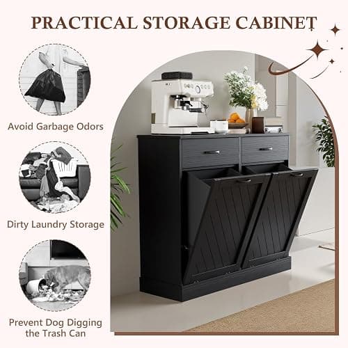Double Tilt-Out Trash Can Cabinet, 2x15 Gallons Hidden Garbage, Hidden Kitchen Trash Cabinet with Storage Drawer, Pet-Proof Wooden Garbage & Recycling Cabinet for Kitchen, Laundry & Living Room, Black thumbnail 6