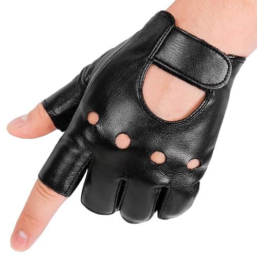OurHonor Black Fingerless Gloves for Men Women, Halloween PU Leather Half Finger Glove Driving Performance Costume Sport - Image 1