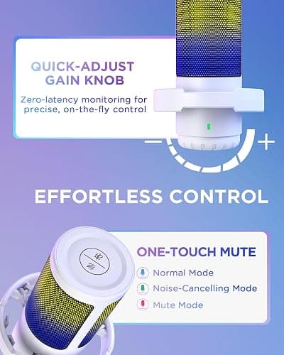 InnoGear Gaming USB Microphone, Noise Cancellation Condenser Mic with Mute, Gain, RGB Indicator, Boom Arm Stand for Streaming, Podcast, Twitch, YouTube, Discord, PC, Computer, PS4, PS5, Mac, White thumbnail 6