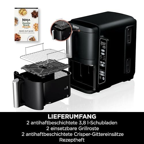 Ninja Double Stack Heißluftfritteuse, 7,6L Digitale Air fryer Doppelkorb mit 4 Kochstufen, 2 Schubladen, 2 Gestelle, platzsparendes Design, 6 Kochfunktionen, 6 Portionen, Schwarz SL300EU thumbnail 15