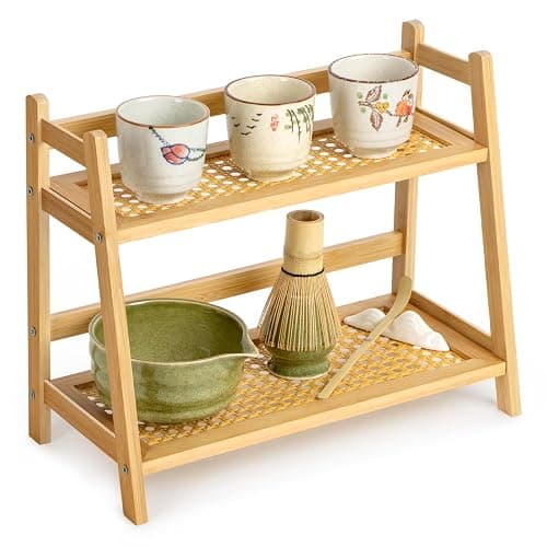 ANBOXIT Rattan-Look Matcha Station Organizer, Countertop Bamboo Tea & Coffee Accessories Station Organizer, 2 Tier Mug Holder Display Stand for Kitchen Condiment, Home, Office - Image 1