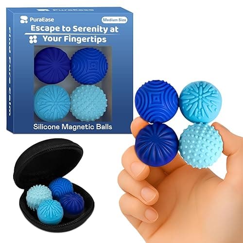 Magnetic Sensory Fidget Balls – 4PC Medium Weighted Textured Silicone Stress Relief Toys for Adults & Teens with ADHD, Autism, Anxiety – Quiet Magnet Fidgets for Desk, Travel, Office & Gifts - Ocean Calm
